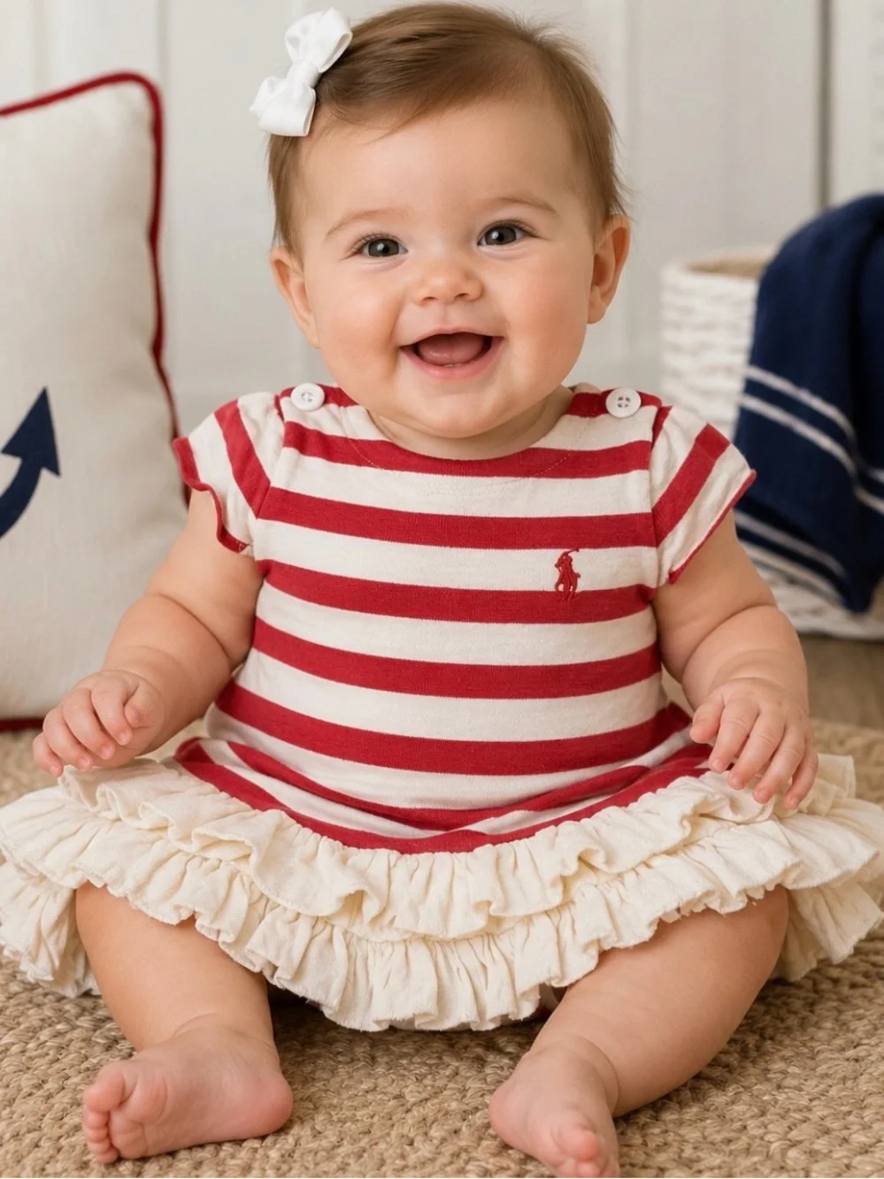 Ralph Lauren Baby Girl 3M Red White Stripe Ruffle Hem Dress 100% Cotton Nautical